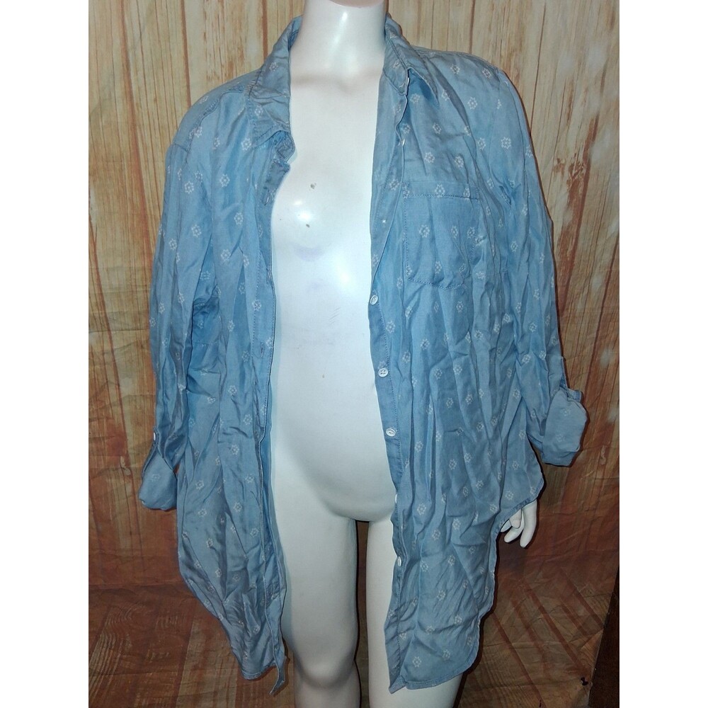 NWT Westport Blue Geometric Long Roll Tab Sleeve Button Up Blouse Sz 1X